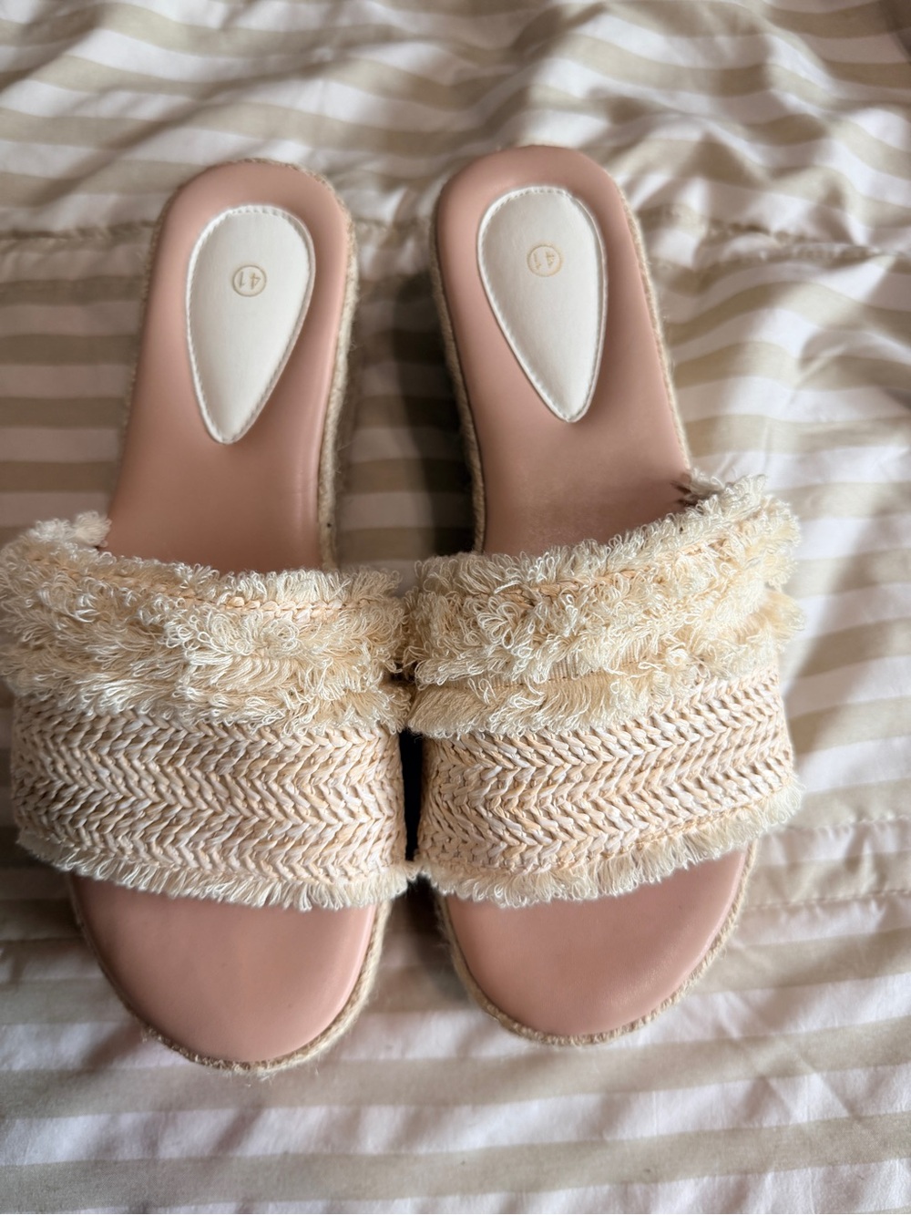 Neutral Beige Raffia Slide Sandals - Women